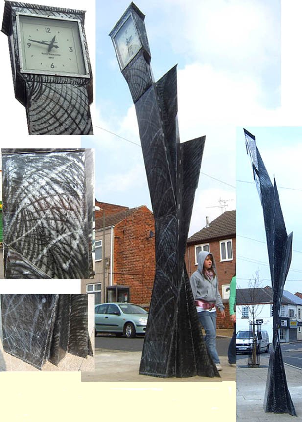Clock sculpture designed by Adrian Moakes, for Bolsover District Council.  Fabricated and installed by Luke Lister Blacksmiths, 2007