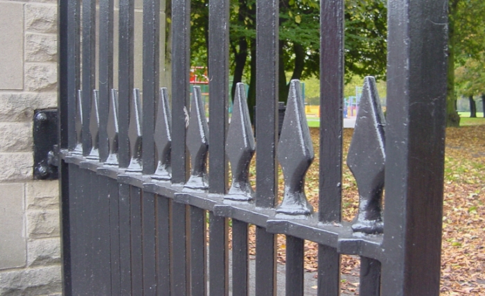 Detail of large handfinished traditional gates, Alexandra Park, Manchester